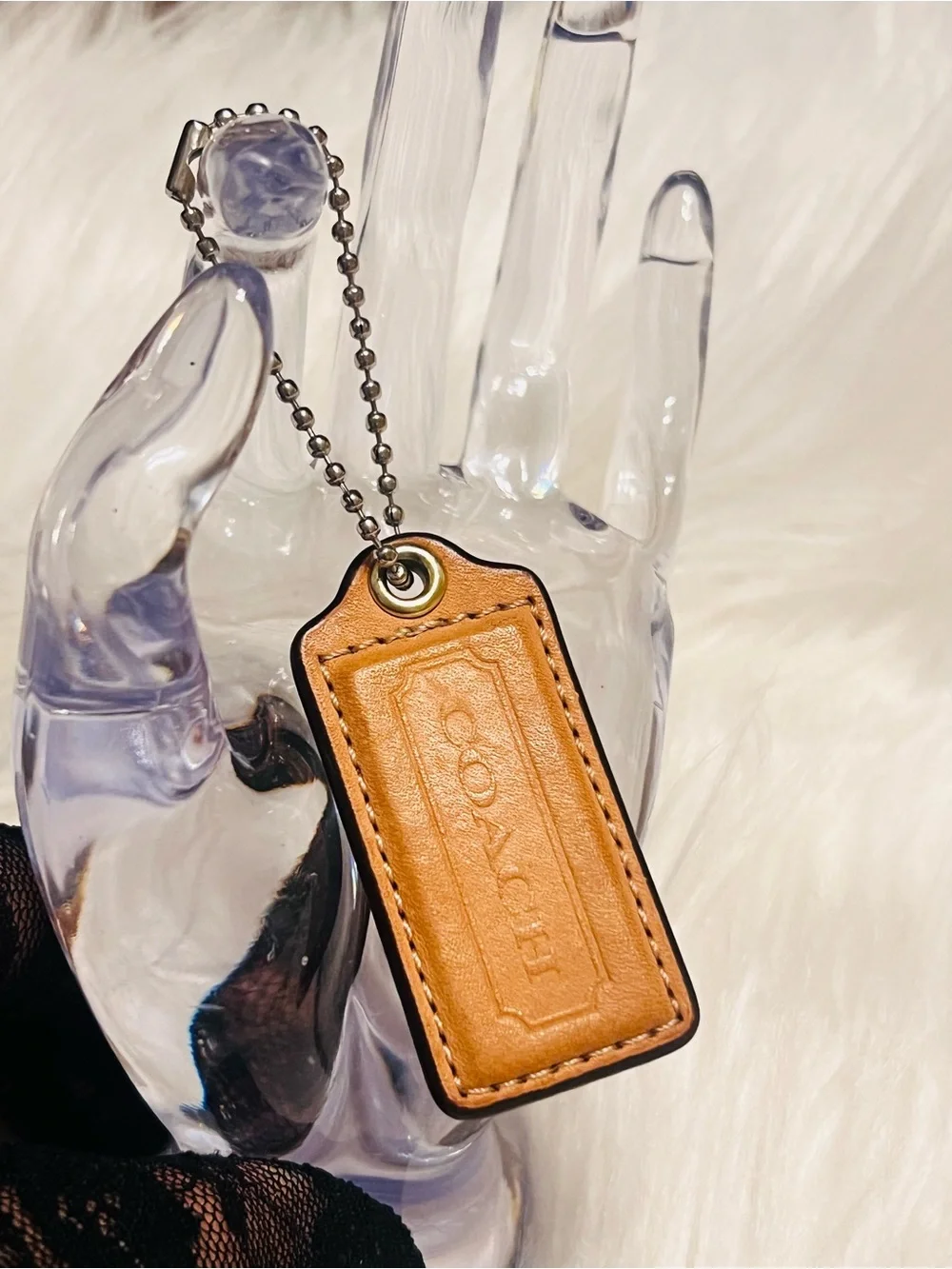 COACH Tan Leather Embossed Key Tag with Ball Chain  bag tag or keychain